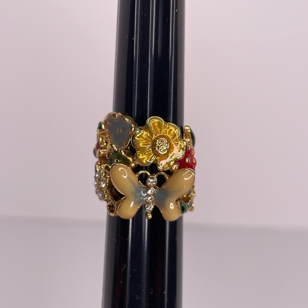 GUESS Ring Gold Tone Butterfly Flowers Enamel Ring